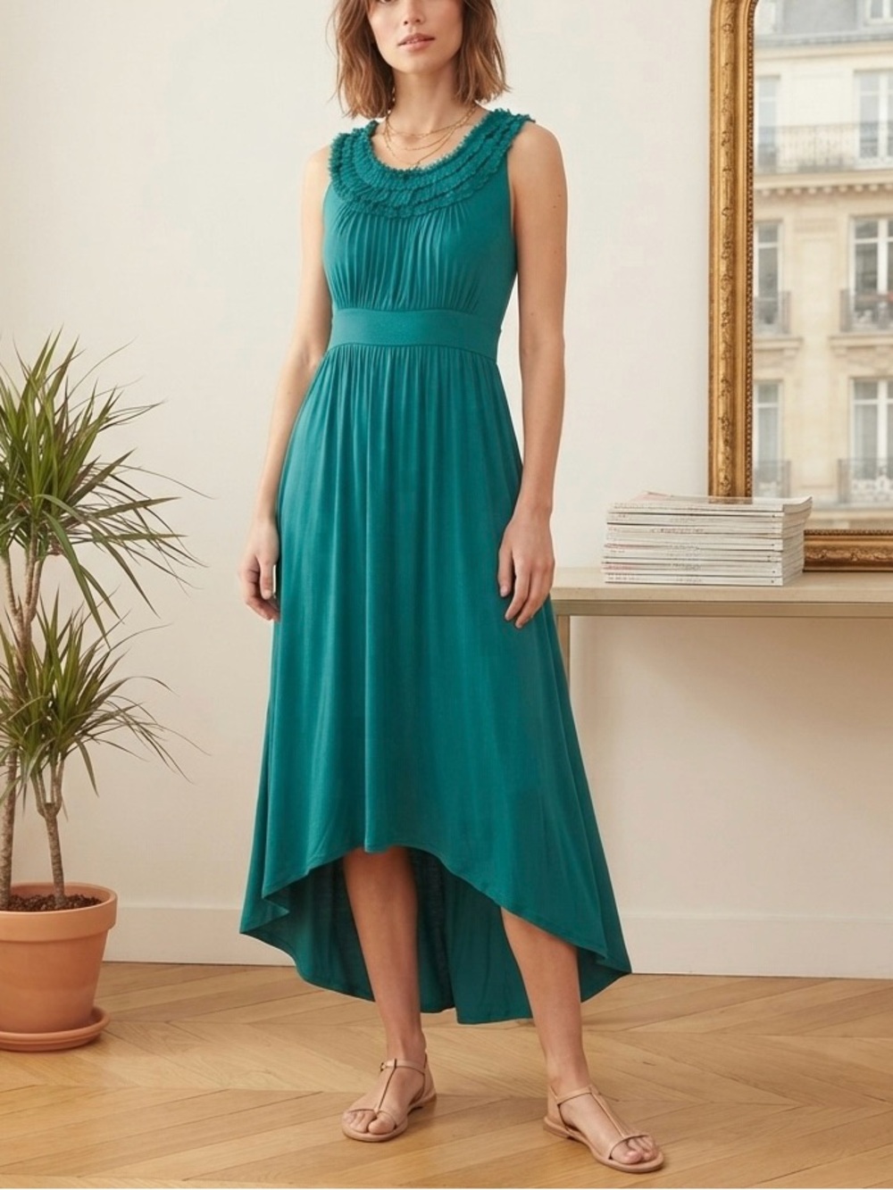Soprano Teal Beaded Yoke Hi-Lo Maxi Dress